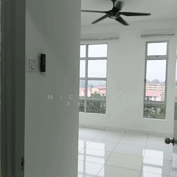 Room features: white painted walls, glossy white tile flooring, 5-blade ceiling fan, floor-to-ceiling windows, natural light from multiple windows, city view, window treatments not visible; style: modern; view: city.