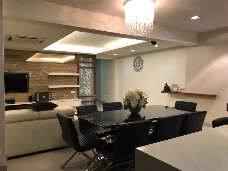 Dining features: black dining table, 8 black dining chairs, chandelier with crystals, white walls, recessed ceiling lights, decorative wall art, open shelving unit, TV console, light wood accent wall, sofa in cream color, floor-to-ceiling windows, air conditioning unit; style: modern.