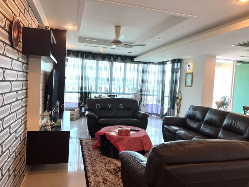 Living features: black leather sectional sofa, black leather armchair, coffee table with red tablecloth, area rug with intricate pattern, wall-mounted TV, feature wall with brick pattern, ceiling fan, large windows with sheer curtains, polished tile flooring, recessed ceiling lights; style: modern; view: city.