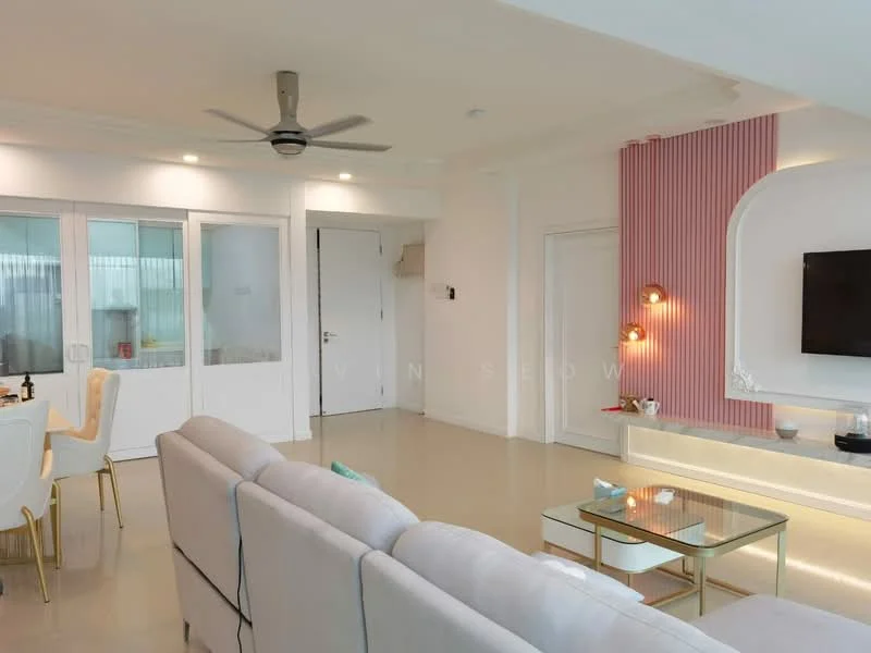 Living features: 3-seater fabric sofa in light grey, glass coffee table, wall-mounted TV, recessed downlights, 5-blade ceiling fan with light, decorative wall with pink vertical stripes, white painted walls, cream tiled flooring, built-in wall shelf with decorative items, area rug with geometric pattern; style: modern. Dining features: 6-seater dining table with gold legs, upholstered dining chairs, white table surface, decorative centerpiece on table; style: modern.