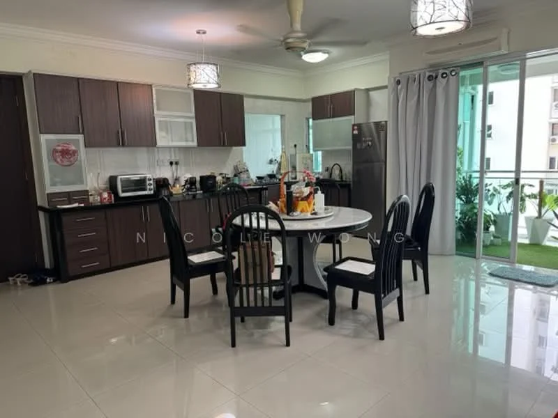 Kitchen features: black countertop, white cabinets, stainless-steel fridge, built-in microwave, freestanding range oven, kitchen island with seating, round dining table, black dining chairs, pendant lighting, sliding glass door, floor-to-ceiling windows, greenery view from window, ceramic tile flooring, ceiling fan; style: modern; view: garden.