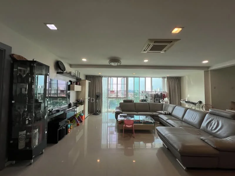 Living features: large sectional leather sofa in light grey, glass coffee table, TV console with wall-mounted TV, display cabinet with glass doors, recessed downlights, ceiling-mounted air conditioning unit, floor-to-ceiling windows, curtains, polished tile flooring, decorative wall art, open layout, area rug; style: modern; view: city.
