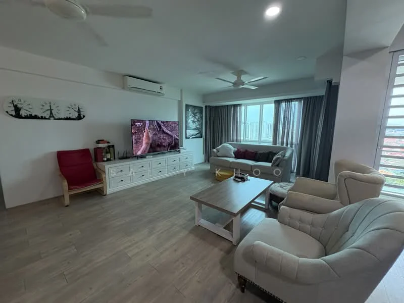 Living features: light wood flooring, white painted walls, ceiling fan, large wall-mounted TV, white TV console, grey fabric sofa, armchair in cream, red accent chair, coffee table with wooden top, floor-to-ceiling windows with curtains, decorative wall art, recessed lighting; style: modern; view: city.