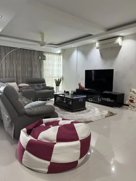 Living features: grey leather sectional sofa, 2-seater grey leather sofa, white area rug, black coffee table, wall-mounted TV, TV console, floor lamp, ceiling fan, curtains, decorative plant, white walls, recessed lighting; style: modern.