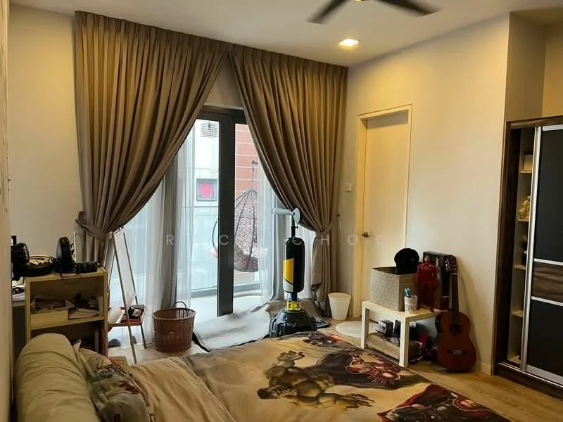 Bedroom features: floor-to-ceiling windows, sheer curtains, light brown walls, wooden flooring, ceiling fan, double-door closet, decorative wall art, basket for storage, guitar, vacuum cleaner, bed with patterned bedding, small side table; style: modern.