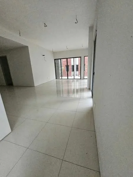 Room features: white painted walls, polished ceramic tile flooring, floor-to-ceiling windows, sliding glass door, natural light from windows, open layout, high ceiling, no visible furniture; style: modern; view: garden.