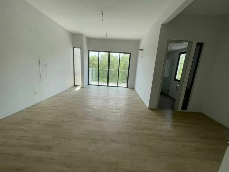 Room features: white painted walls, laminate flooring, floor-to-ceiling windows, balcony access, natural light, neutral color scheme, no visible furniture, minimalist design; style: modern; view: garden.