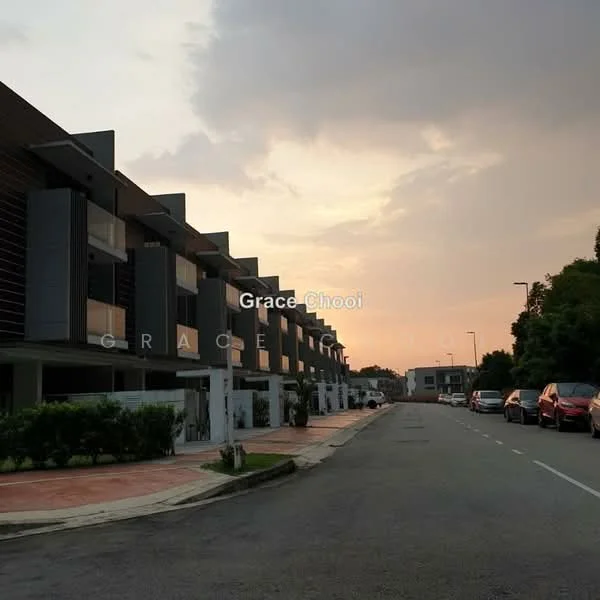 Exterior type: linked terrace house; features: modern facade with horizontal slats, two-storey structure, driveway with interlocking pavers, manicured landscaping, street view with parked cars, sunset sky in background; style: modern.