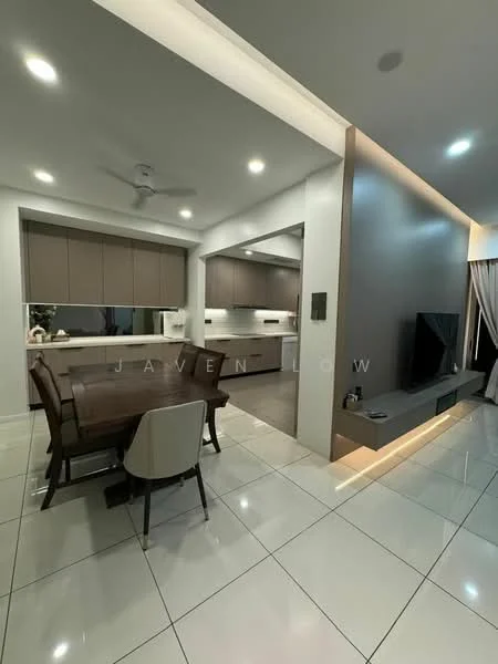 Dining features: dining table with 6 chairs, white tiled flooring, ceiling fan, recessed downlights, wall-mounted TV, built-in cabinetry, grey accent wall, open layout to kitchen, large window with natural light, neutral color palette; style: modern. Kitchen features: kitchen cabinets in light brown, white countertops, stainless-steel appliances, built-in oven, induction cooktop, double-basin sink, chrome faucet, backlit cabinetry, open layout to dining area; style: modern.