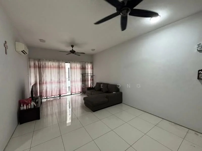 Living features: white painted walls, glossy tile flooring, 2 ceiling fans, floor-to-ceiling windows, sheer curtains, sofa in grey, TV console, wall-mounted TV, decorative wall cross, recessed lighting; style: modern.