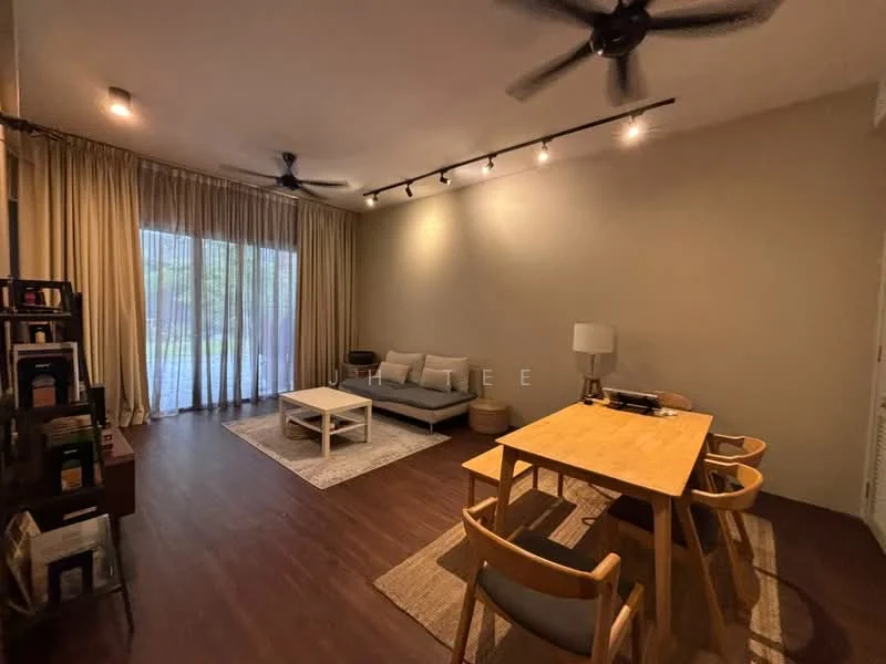 Living features: 3-seater fabric sofa in grey, wooden dining table, 2 wooden dining chairs, area rug, floor-to-ceiling windows with sheer curtains, ceiling fan with light, recessed downlights, laminate flooring, decorative wall, side table; style: modern; view: garden.