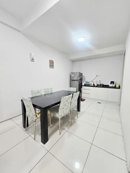 Dining features: black dining table, 6 upholstered dining chairs with floral pattern, white tiled flooring, white painted walls, refrigerator, built-in cabinetry, kettle, microwave, fan, ceiling light; style: modern.