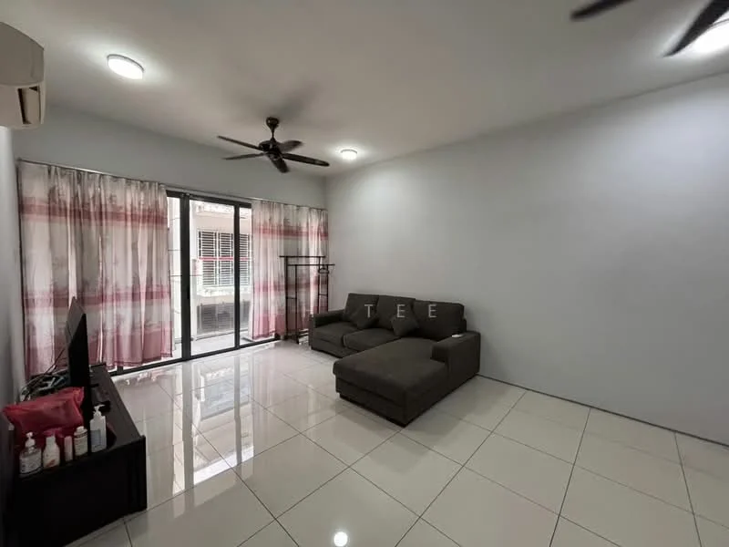 Living features: grey L-shape sectional sofa, wall-mounted TV, coffee table, floor-to-ceiling sliding glass door, sheer curtains with red and white pattern, white painted walls, polished ceramic tile flooring, ceiling fan with light, air conditioning unit; style: modern.
