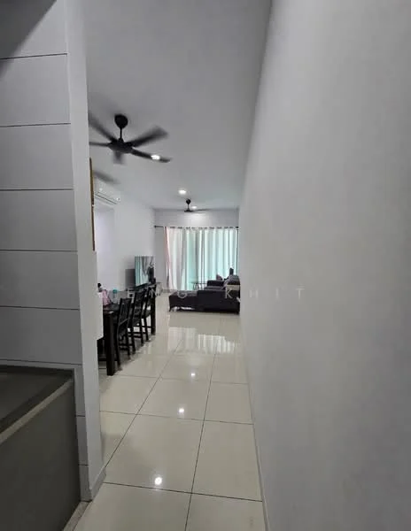 Room features: white painted walls, glossy tile flooring, ceiling fan, dining table with chairs, sofa, floor-to-ceiling windows with sheer curtains, recessed lighting; style: modern.