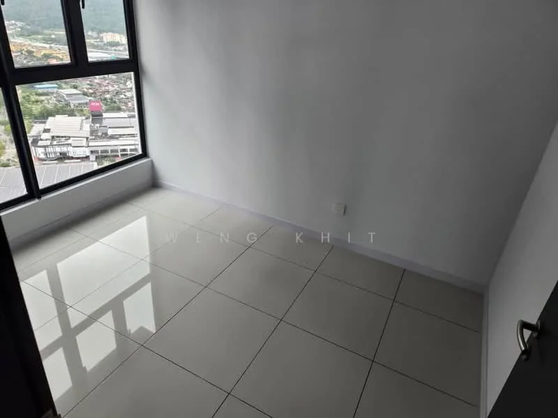 Room features: white painted walls, glossy ceramic tile flooring, large windows, city view, corner room, neutral color scheme; style: modern; view: city.