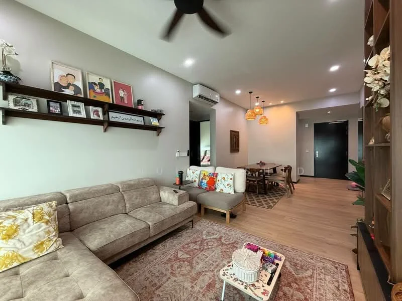 Living features: 3-seater fabric sofa in light grey, wooden coffee table, area rug with geometric pattern, wall-mounted shelves with framed artwork, ceiling fan with light, recessed LED downlights, decorative plants, wooden side table, wall-mounted TV, open layout to dining area; style: modern. Dining features: 4-seater dining table, upholstered dining chairs, pendant lights above dining table, decorative wall art, wooden flooring; style: modern.