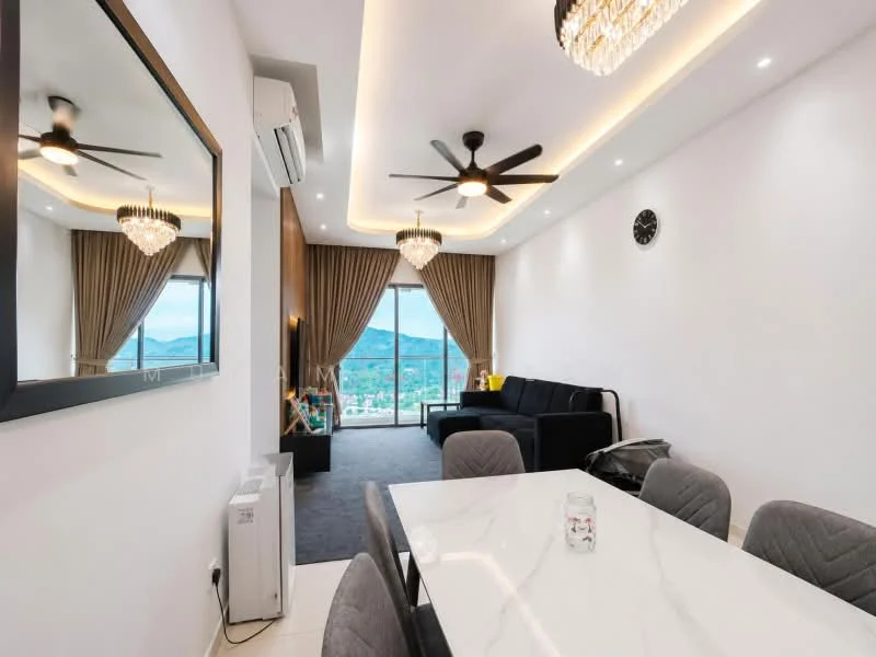 Living features: floor-to-ceiling windows, city view, black sofa, chandelier, 5-blade ceiling fan with light, recessed downlights, cream painted walls, dark grey carpet flooring, dining table with marble top, grey upholstered dining chairs, decorative wall clock, curtains, air conditioning unit; style: modern; view: city.