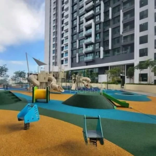 Exterior type: high-rise condominium; features: children's playground, play structures with slides, rubberized flooring, landscaped green areas, seating areas, surrounding greenery, modern architecture, multiple play zones; style: modern.
