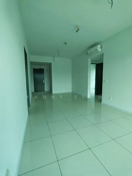 Room features: white painted walls, glossy ceramic tile flooring, 1 wall-mounted split AC, recessed ceiling lights, doorway leading to another room, large windows with no visible treatments; style: modern.