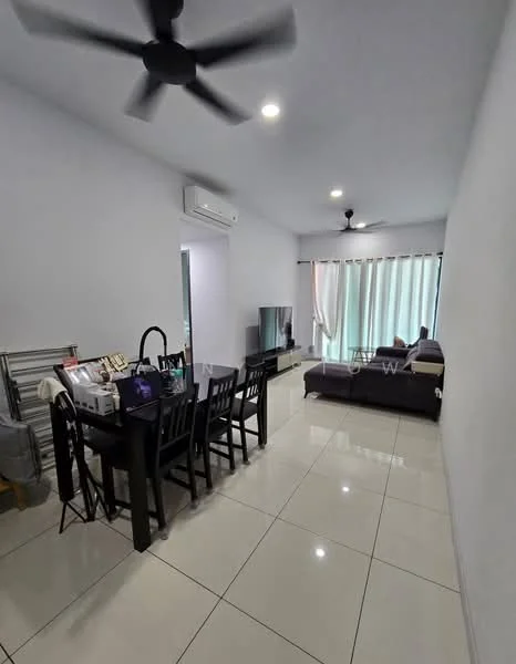 Living features: white painted walls, glossy ceramic tile flooring, 5-blade ceiling fan with light, recessed downlights, sofa in dark color, coffee table, TV console, wall-mounted TV, floor-to-ceiling windows with sheer curtains, dining table with 6 black chairs; style: modern.