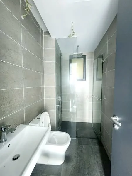 Bathroom features: grey tiled walls, dark grey tiled flooring, glass shower enclosure, chrome basin mixer faucet, white wall-mounted toilet, white sink, mirror above sink, recessed lighting; style: modern.