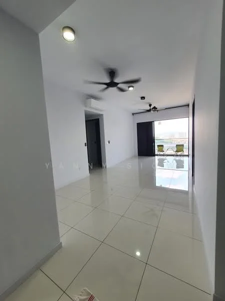 Room features: white painted walls, glossy ceramic tile flooring, 2 ceiling fans, large windows, sliding glass door, natural light, open layout, neutral color scheme; style: modern; view: city.