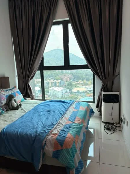 Bedroom features: queen-size bed with colorful bedding, floor-to-ceiling window, mountain view, dark brown curtains, white walls, glossy white tile flooring, air conditioning unit, plush toys on bed; style: modern; view: mountain.