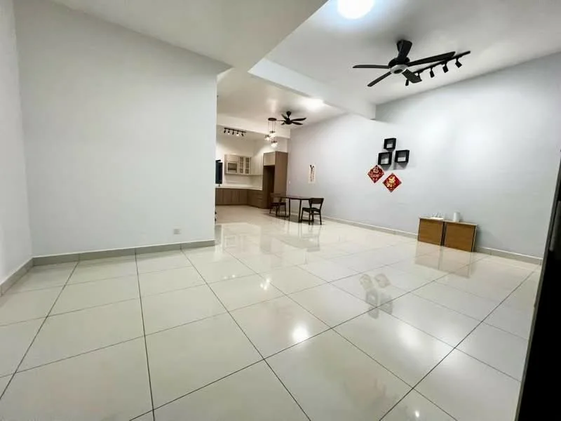 Living features: white painted walls, glossy ceramic tile flooring, recessed downlights, 2 ceiling fans, track lighting, decorative wall art, open layout to kitchen, dining table with 4 chairs, wooden sideboard; style: modern.