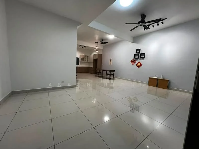 Living features: white painted walls, glossy ceramic tile flooring, recessed downlights, 2-blade ceiling fan, track lighting, open layout, decorative wall art, dining table with chairs; style: modern. Kitchen features: open kitchen layout, kitchen cabinetry, countertop, appliances visible in background; style: modern.