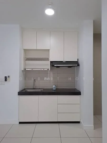 Kitchen features: white cabinetry, black countertop, single-bowl stainless-steel sink, chrome pull-down faucet, built-in range hood, wall-mounted shelving, tile backsplash, ceramic tile flooring, recessed downlights; style: modern.