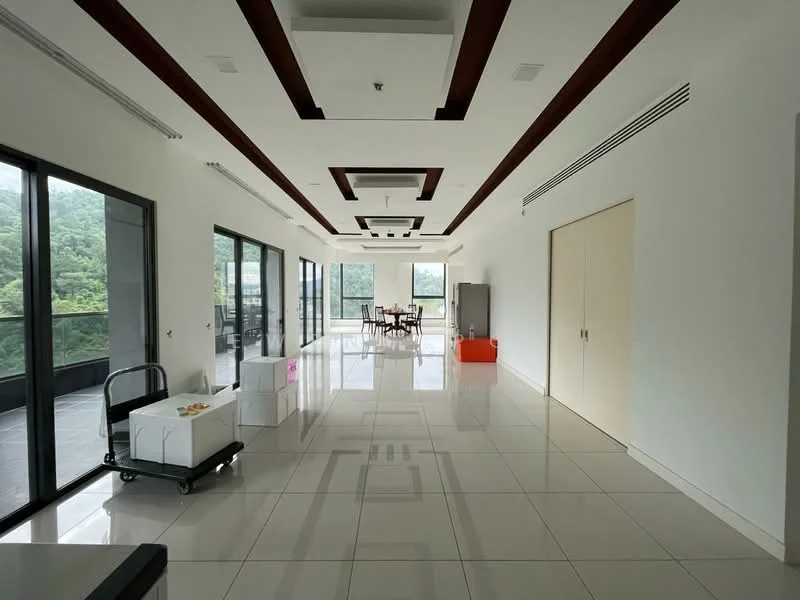 Room features: white painted walls, tray ceiling with recessed lighting, large floor-to-ceiling windows, sliding glass door, polished ceramic tile flooring, open layout, dining table with chairs, cart with boxes, orange storage box, neutral color scheme; style: modern; view: garden.