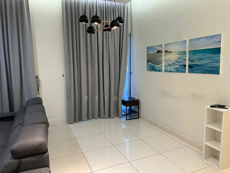 Living features: grey fabric sofa, white tiled flooring, recessed downlights, modern pendant light fixture, floor-to-ceiling curtains in grey, wall-mounted artwork with beach scene, small black side table, white shelving unit; style: modern.