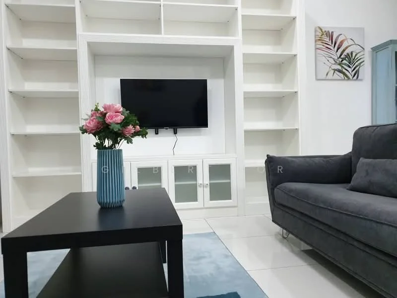 Living features: grey fabric sofa, black coffee table, white built-in shelving unit, wall-mounted TV, decorative vase with pink flowers, light blue area rug, white walls, glossy tile flooring; style: modern.