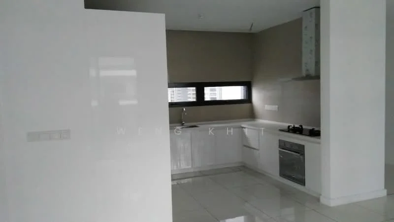 Kitchen features: white cabinetry, stainless-steel sink, chrome pull-down faucet, granite countertop, built-in oven, 4-burner gas hob, white tiled backsplash, ceramic tile flooring, recessed downlights, window with black frame; style: modern.