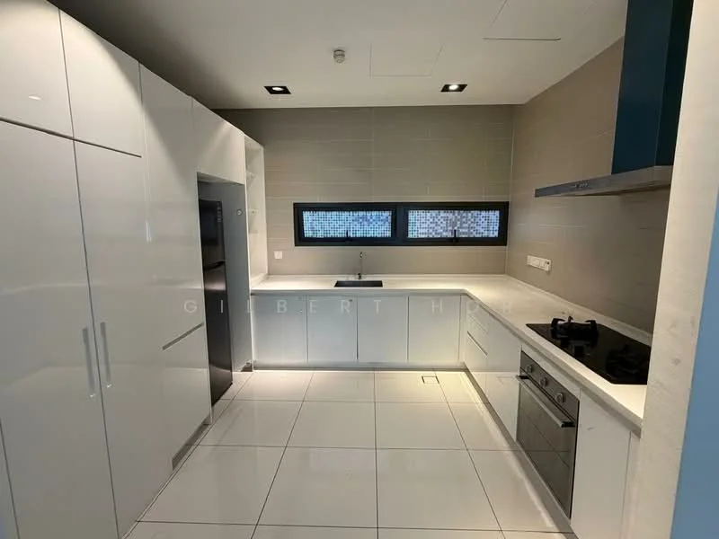 Kitchen features: white cabinetry with flat-panel doors, stainless-steel fridge, stainless-steel built-in oven, 4-burner gas hob, single-bowl stainless-steel sink, chrome pull-down faucet, white quartz countertop, tile backsplash with mosaic pattern, recessed LED downlights, large window with decorative glass, white tiled flooring; style: modern.