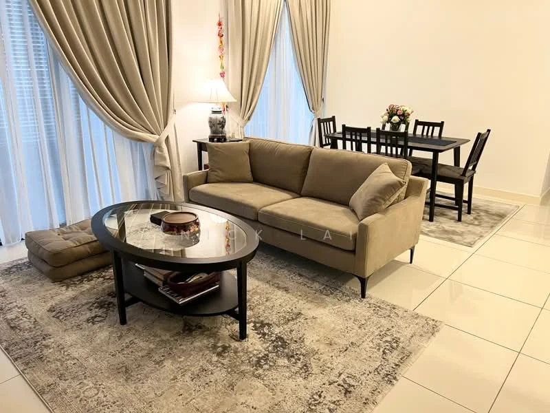 Living features: beige fabric sofa, glass coffee table with black frame, area rug with neutral tones, floor-to-ceiling windows with sheer curtains, table lamp, dining table for six with black chairs, decorative vase with flowers, wall-mounted artwork, white painted walls, polished tile flooring; style: modern.