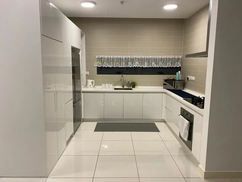 Kitchen features: white glossy cabinetry, stainless-steel fridge, built-in oven, 4-burner gas hob, white countertop, grey tile backsplash, single-bowl stainless-steel sink, chrome pull-down faucet, window with sheer curtains, recessed downlights, white ceramic tile flooring, kitchen island, dishwasher; style: modern.