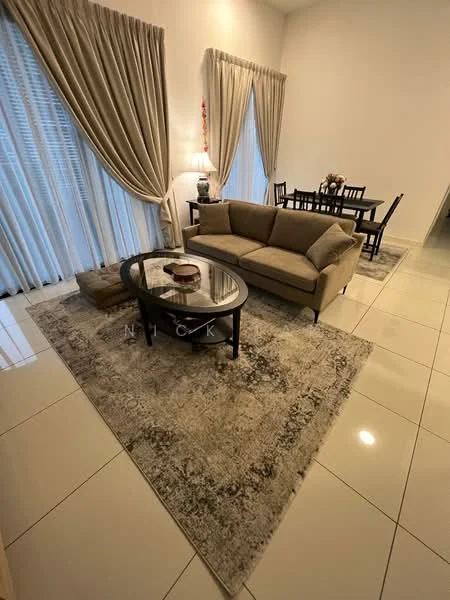 Living features: 3-seater fabric sofa in beige, glass coffee table, area rug with geometric pattern, floor-to-ceiling windows with sheer curtains, dining table with 4 chairs, decorative table lamp, wall-mounted artwork, neutral painted walls, polished ceramic tile flooring; style: modern.