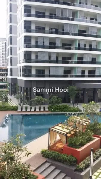 Exterior type: high-rise condominium; features: glass curtain wall facade, recessed balconies, infinity pool, pool deck with loungers, landscaped garden, outdoor cabana, manicured lawn, mature trees; style: modern.