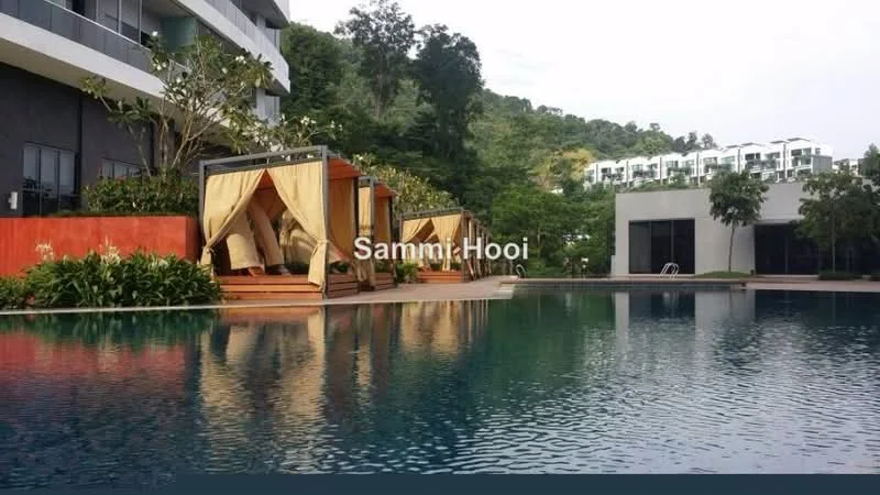 Exterior type: high-rise condominium; features: infinity pool, pool deck with loungers, landscaped garden, recessed balconies, tropical landscaping, mature trees, modern facade, surrounded by greenery; style: modern.