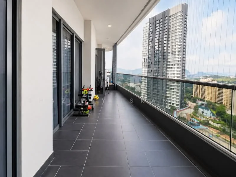 Room features: large balcony, grey tiled flooring, glass railing, city skyline view, outdoor fitness equipment, sufficient space for outdoor furniture, overhead lighting, modern design; style: modern; view: city.