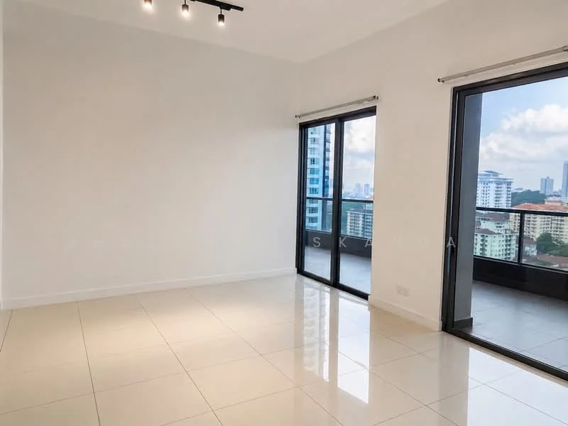 Room features: white painted walls, glossy tile flooring, floor-to-ceiling windows, sliding glass door, city skyline view, recessed downlights, open layout, natural light; style: modern; view: city.