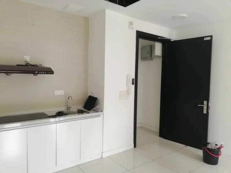 Kitchen features: white cabinetry, stainless-steel sink, chrome pull-down faucet, black countertop, built-in stove, exhaust hood, white tiled backsplash, ceramic tile flooring, recessed lighting, wall-mounted electrical panel, door leading to hallway; style: modern. Room features: black door, white walls, light switch, door frame.