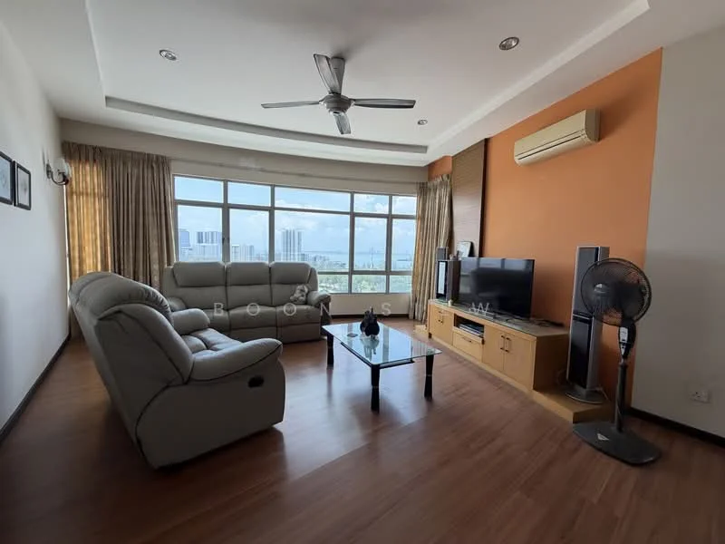 Living features: 3-seater fabric sofa in light grey, 2-seater fabric sofa in light grey, glass coffee table, TV console with storage, wall-mounted TV, floor-to-ceiling windows, curtains in beige, wooden flooring, ceiling fan with light, air conditioning unit on wall; style: modern; view: city.