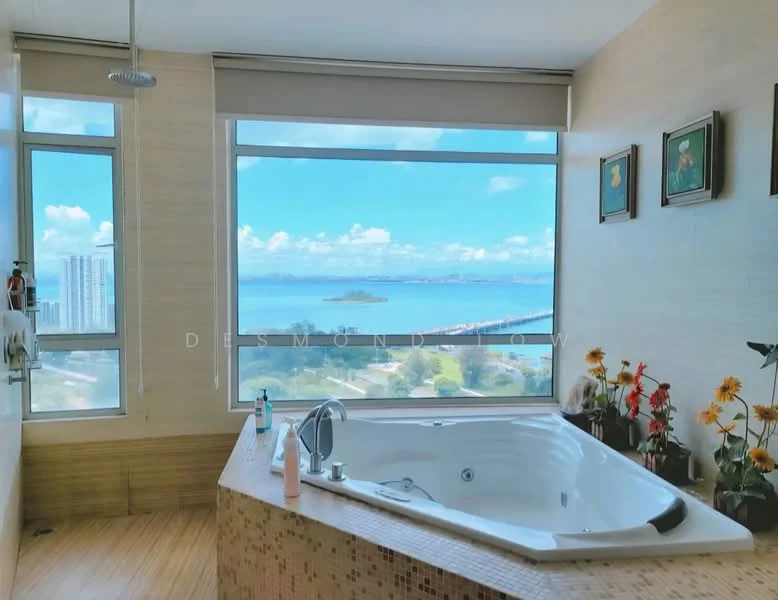 Bathroom features: jacuzzi tub, large floor-to-ceiling windows, city view, beach view, decorative flower arrangements, framed artwork on walls, light-colored wall panels, wooden flooring, roller blinds; style: modern; view: sea.
