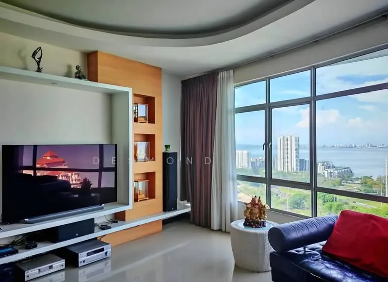 Living features: floor-to-ceiling windows, city skyline view, light grey walls, cream ceiling with curved design, dark blue leather sofa, wooden TV console, built-in shelving unit, white glossy flooring, decorative sculpture on shelf, curtains in light fabric, entertainment system with speakers; style: modern; view: city.