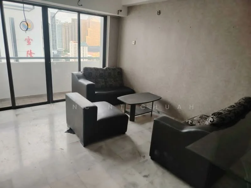 Living features: black leather sofa, 2-seater sofa with patterned cushions, coffee table, large floor-to-ceiling windows, grey painted walls, marble tile flooring, city skyline view, curtains, decorative wall art; style: modern; view: city.
