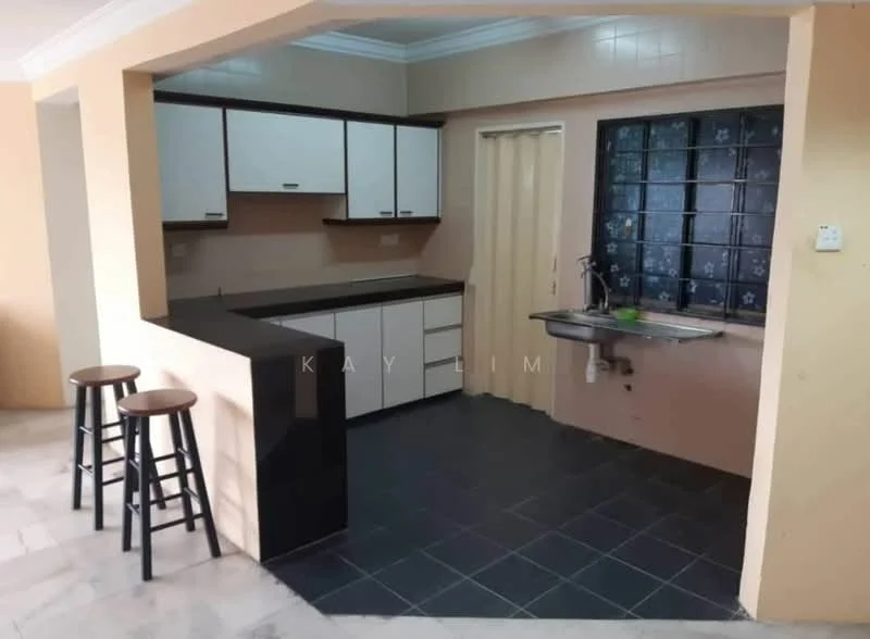 Kitchen features: black granite countertop, white cabinetry with flat-panel doors, stainless-steel sink, chrome pull-down faucet, black tile flooring, wall-mounted cabinets, open shelving, window with black grid design, two bar stools, cream painted walls, crown moulding; style: modern.