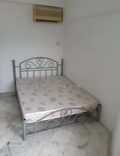 Bedroom features: queen-size bed, metal bed frame with decorative headboard, marble flooring, wall-mounted split AC, white painted walls, window with natural light.