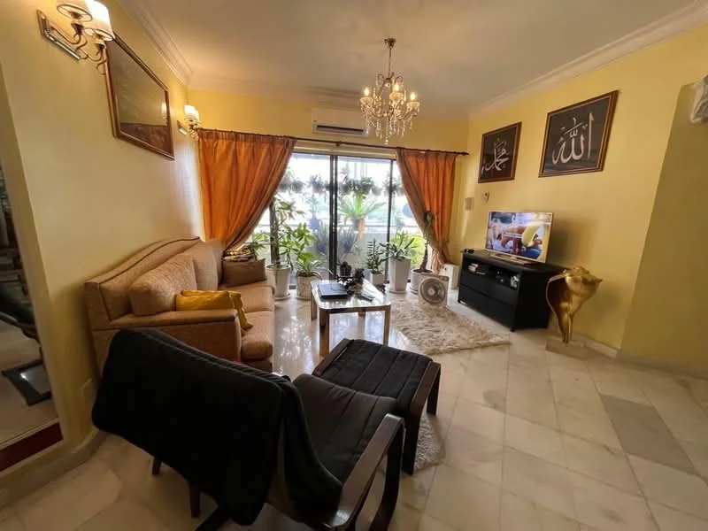 Living features: cream painted walls, marble tile flooring, chandelier, 5-blade ceiling fan, floor-to-ceiling windows, sheer curtains, sofa in beige fabric, coffee table, TV console, wall-mounted TV, decorative wall art, houseplants in ceramic pots, area rug with geometric pattern; style: contemporary; view: garden.